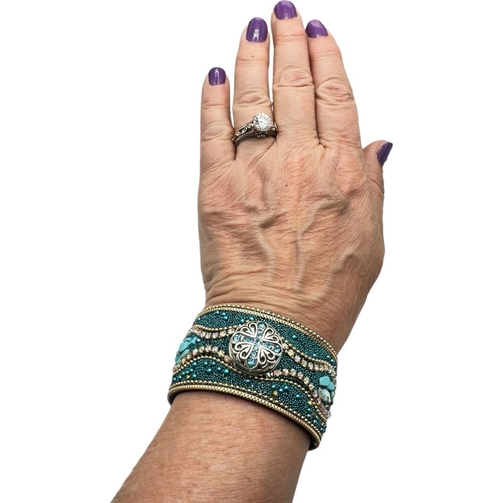 Western Turquoise & Gold Boho Cuff Bracelet & Blue Cross 18mm Ginger Snap NWT